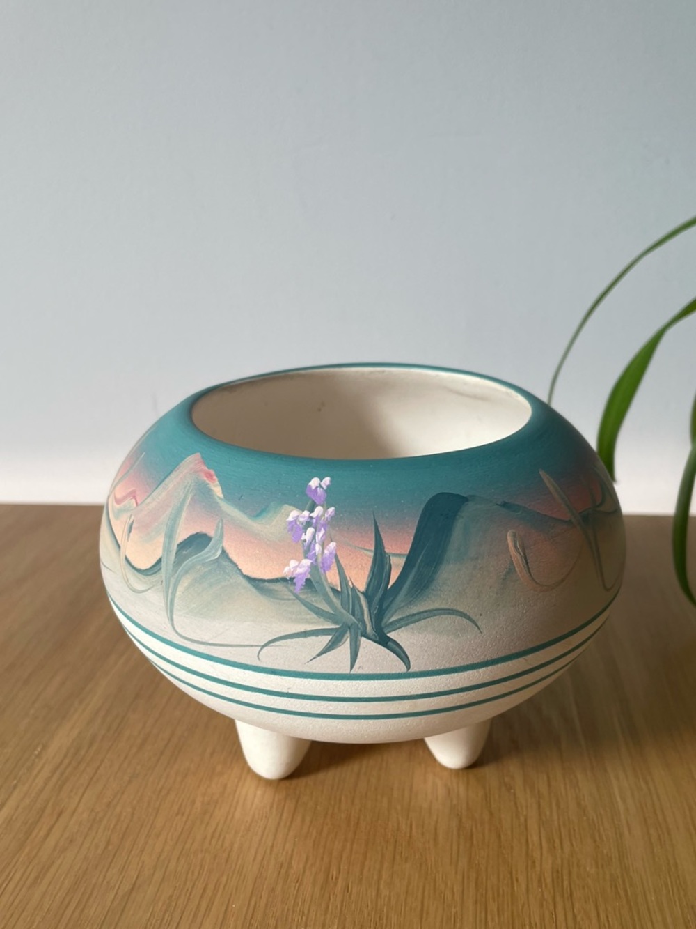 Vintage New West Pottery Hand-Painted Southwestern Footed Bowl Vase Signed 1980s